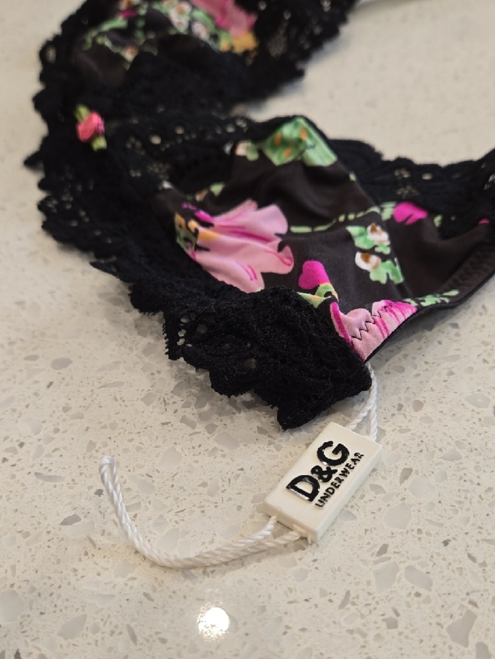 D&G Black Floral Lace Bralette with Pink & Green Accents
